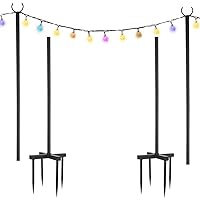 String Light Poles for Outdoor Lights 2 Pack,100 Inch Height Adjustable Metal Stand Pole with Hooks Hanging Lights，Garden, Backyard, Patio Lighting Parties, Wedding (Black)