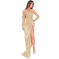 Tsbridal Women Sequin Prom Dresses Off The Shoulder Long Mermaid Satin Formal Dress Evening Party Gown with Slit