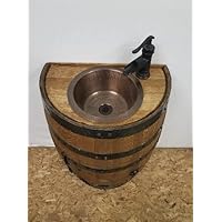 1/2 Whiskey Barrel Vanity Sink-14 Depth for Extra Small Bath-Copper Sink, Faucet, Stopper, Brown