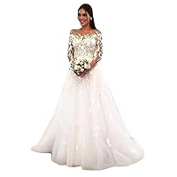 Illusion Off Shoulder Bridal Ball Gowns Train Lace A-Line Wedding Dresses for Bride Long Sleeve
