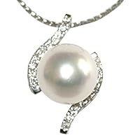 Amazon Collection 14k White Gold 8-8.5mm Cultured Pearl and Diamond Pendant with Baby Wheat Chain 14k White Gold Pendant Necklace, 16