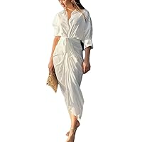 Women's Long Sleeve Shirt Dress, Monochromatic, Medium Length, Spring, Autumn M White