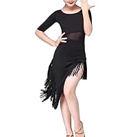 Girls Tassel Latin Outfit Half Sleeve Irregular Salsa Performance Ballroom Dance Dress