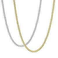KISPER Italian Solid 925 Sterling Silver & 18K Gold Over Sterling Silver Cuban Link Curb Chain Necklace Set - 3.5mm Diamond Cut, Lobster Clasp - Made in Italy - 22
