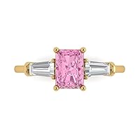 1.97ct Emerald Baguette cut 3 stone Solitaire with Accent Pink Simulated Diamond designer Modern Ring 14k Yellow Gold