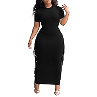 Women's Sexy Club Night Out Dresses Solid Color Large Tassel Crewneck Short Sleeve Long Length Cocktail Party Pencil Dress