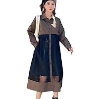 Spring and Autumn Causal Thin Long Sleeve Shirt Dress for Women Color Contrast Mesh Splicing Dress