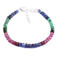 Natural Precious Multi Sapphire Emerald Ruby Gemstone Facet Bead Bracelet 7 Inch, 3 to 4 mm