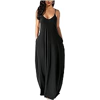 Womens Casual Sleeveless Plus Size Loose Plain Long Maxi Dress with Pockets