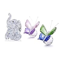 H&D HYALINE & DORA Handmade Crystal Flying Butterfly with Ball Base and Cute Elephant Figurine Collection Cut Glass Ornament Statue Animal Collectible