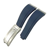 Curved End Metal Link Rubber Watchband 20mm for Rolex Daytona GMT Slide Lock Buckle Submariner Silicone Sport Watch Strap (Color : Blue, Size : Silver)