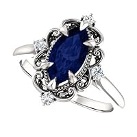 Solid 10K White Gold 2.5 CT Marquise Blue Sapphire Ring Gemstone Ring Anniversary Promise Ring Jewelry