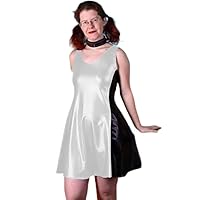 Women Shiny meatallic Sleeveless A-line Mini Dress Sexy Slim Splicing Low Neck Wet Look Dress