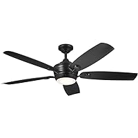 Kichler 56 Inch Tranquil 5 Blade LED Weather+ Outdoor Ceiling Fan with Etched Cased Opal Glass in Black with Satin Black Blades and Remote Control
