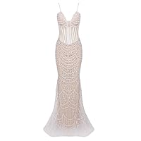 HOT Fashionista V-Neck Pearl Beaded Dress - Large Beige/White