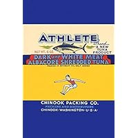 A vintage can label for the Athlete brand of dark and white mean albacore shredded tuna in soybean oil Showing an athlete leaping Poster Print by unknown (24 x 36)