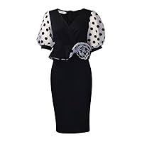 Queen-Size Women's Fashion Polka-dot mesh Panels V-Neck Puff Sleeve Dress L 黑色