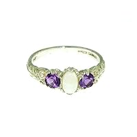 925 Sterling Silver Real Genuine Opal and Amethyst Womens Band Ring