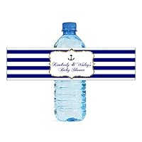 Navy Blue, White & Gold Frame with Nautical Anchor Water Bottle Labels Wedding Birthday