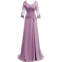 Lace Applique Mother of The Bride Dresses Scoop Neck 3/4 Sleeves Long Ruched Formal Evening Gown for Wedding