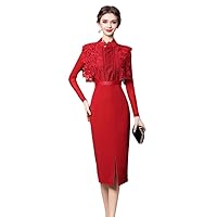 Lace Patchwork Midi Evening Party Dresses Women Spring Autumn Long Sleeve Office Dresses Straight Red