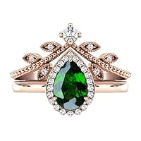 Art Deco Green Chrome Diopside Engagement Ring Set 2.5 CT Pear Shaped Chrome Diopside 2 Piece Wedding Ring Set Vintage Diopside Bridal Ring Set Anniversary Ring Set Vintage Promise Ring