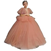 Girl's Puff Sleeves Flower Girl Dresses Tulle Layers First Communion Dresses Pink Orange
