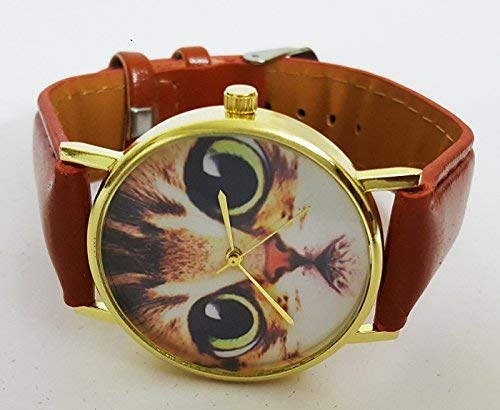 Aleafa Armlet Presents Fashion Leather Cat Face Round Dial Analog Bracelet Watch for Girls #Aport-1282