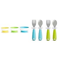 Munchkin® Stay Put™ Suction Bowls for Babies and Toddlers, 3 Pack, Blue/Green/Yellow & Raise™ Toddler Plastic Fork and Spoon Utensil Set, 4 Pack, Blue/Green
