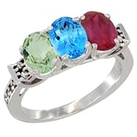 10K White Gold Natural Green Amethyst, Swiss Blue Topaz & Enhanced Ruby Ring 3-Stone Oval 7x5 mm Diamond Accent, sizes 5 - 10