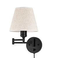 Wall Lamp Fabric Lampshade with Switch And Plug In Hardwired, Metal Black Modern Adjustable Wall Mounted Lighting E27 Base Sconces Vintage Wall Lights Reading Fixtures for Indoor Living Room Bedroom