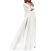 VeraQueen Women's Sexy High Split Satin Prom Dress Double V Neck Long Sleeves Evening Ball Gown White