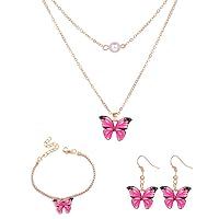 3 Pieces Pink Butterfly Pendant Jewelry Set Earring Necklace Bracelet Combination Set Hypoallergenic Jewelry Set,Trendy Jewelry Gift for Women Girls
