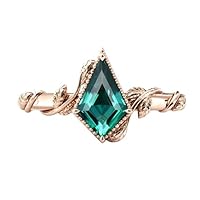 Antique Kite Shaped Emerald Engagement Ring 1 CT Gold Emerald Wedding Ring Kite Cut Emerald Leaf Style Wedding Ring Art Deco Anniversary Rings