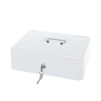 PACOLO Steel Cash Box with Key Lock, Metal Small Money Organizer with Money Tray,Cash Storage Box with Lockable Cover (White- 11.8