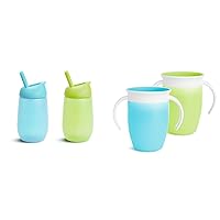 Munchkin® Simple Clean™ Toddler Sippy Cup with Easy Clean Straw, 10 Ounce, 2 Pack, Blue/Green & Miracle® 360 Trainer Sippy Cup with Handles, Spill Proof, 7 Ounce, 2 Pack, Green/Blue