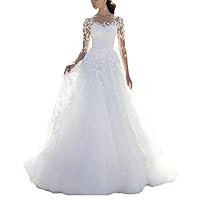 Illusion Square Neckline Lace Wedding Dress with Long Sleeves Princess Ball A Line Elegant Bridal Gown