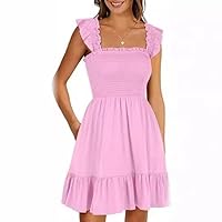 Sleeveless Square Neck Pleated Halter Dress Short (US, Alpha, X-Large, Regular, Regular, Pink)