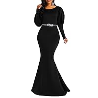 Memoriesea Women's Elegant Long Puff Sleeve Crew Neck Bodycon Mermaid Evening Gown Maxi Dress