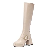 Ladies Black and White high Heels Platform Knee high Boots Ladies Autumn and Winter Boots Party Shoes