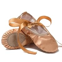 Women's Ballet Dance Shoes Split Sole Satin Gymnastic Flats with Ribbon