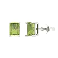 2.0 ct Emerald Cut Solitaire Natural Green Peridot Pair of Stud Everyday Earrings Solid 18K White Gold Butterfly Push Back