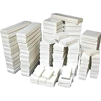50 pack Assorted Size White Paper Cardboard Cotton Filled Jewelry Gift Box for Ring, Earring, Charm, Pendant, Necklace, Bracelet, Bangle, Anklet, Belt Buckle, Brooch and Watch