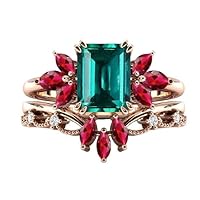 Antique Emerald Engagement Ring Set For Women 1 CT Art Deco Emerald Cluster Wedding Ring Set Red Ruby Gemstone Ring Set Emerald 2 Piece Bridal Ring Set Anniversary/Promise Ring Set