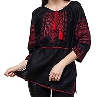 Rushnichok Vyshyvanka Women Ukrainian Hand Embroidered Black Red Linen Blouse Size M