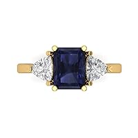Clara Pucci 2.97ct Emerald Trillion cut 3 stone Solitaire with Accent Simulated Blue Sapphire designer Modern Ring 14k Yellow Gold