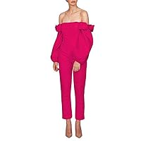 Women's Off Shoulder Jumpsuits Evening Dresses with Detachable Skirt Long Sleeves Satin Prom Gowns Pants Rose Red
