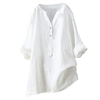 2024 Summer Linen Shirts for Women Plus Size 3/4 Length Roll Up Sleeve Tops Casual Loose Fit Round Neck Tees Fashion Blouse