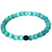 Unisex Bracelet 8mm Natural Gemstone Blue Cats Eye With Black Onyx Round shape Smooth cut beads 7 inch stretchable bracelet for men & women. | STBR_02038