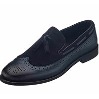 Men's Navy Blue Aniline Calf Leather & Suede King Size Handmade Wingtip Tassel Loafer Shoes